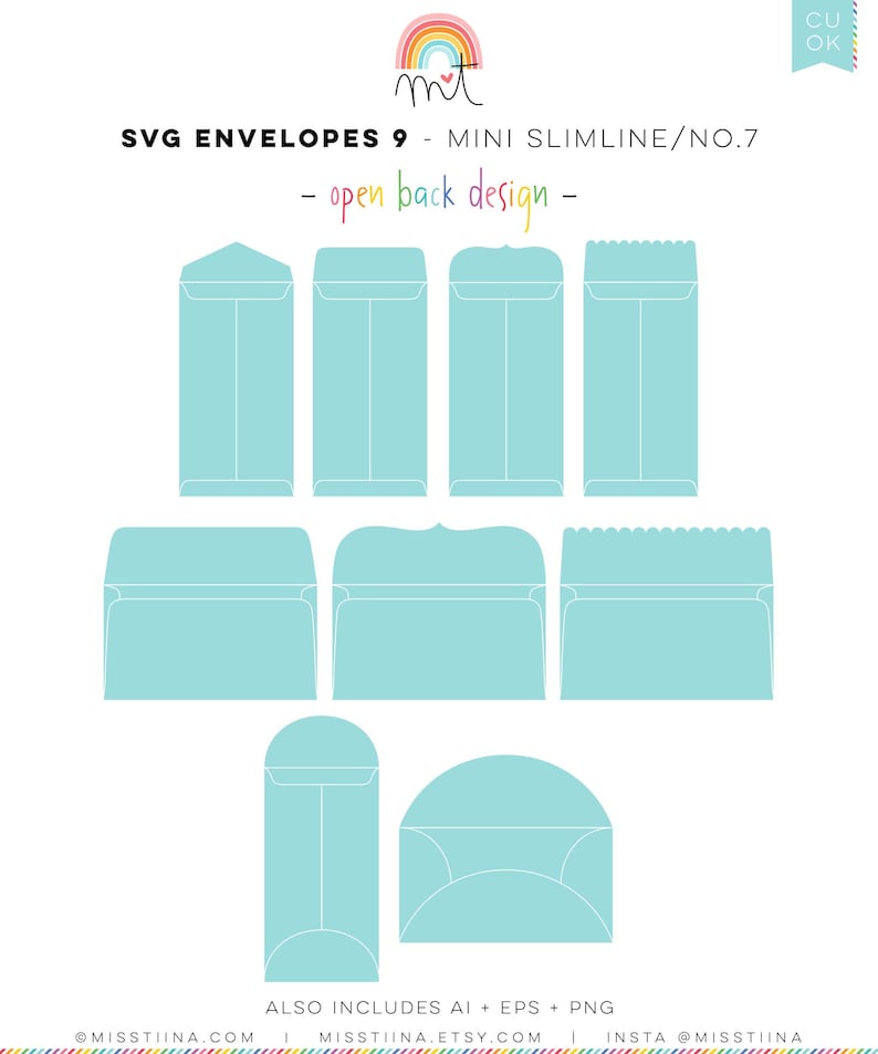May include: Nine different designs of light blue envelope templates for digital cutting machines. The text "SVG ENVELOPES 9 - MINI SLIMLINE/NO.7 - open back design -" is at the top of the image.