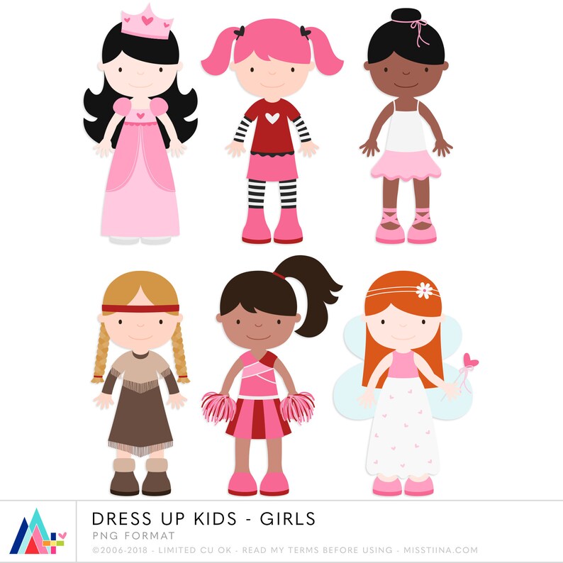 May include: A collection of six cartoon girls in various dress-up costumes. The characters include a princess, a girl with pigtails, a ballerina, a Native American, a cheerleader, and a fairy. The image has the text "DRESS UP KIDS - GIRLS".