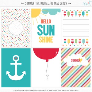 Cartões de diário digital de verão - cartões de anotações de scrapbooking inspirados na vida do projeto 3x4 - download instantâneo - CU OK