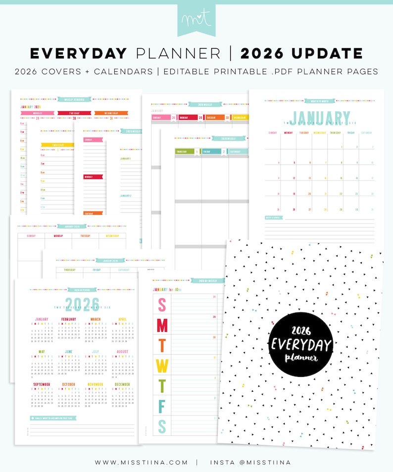 May include: A collection of printable planner pages for 2026, featuring calendars, daily schedules, and cover designs. The pages have a white background with colorful accents and text. The planner includes the text "EVERYDAY PLANNER | 2026 UPDATE".