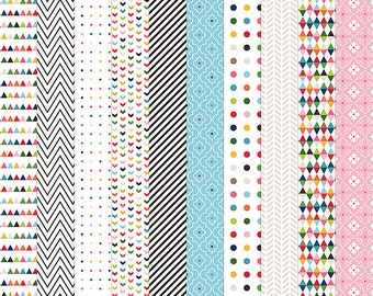 May include: A digital paper pack with 10 different patterns. The patterns include geometric shapes, polka dots, and chevron stripes. The colors are bright and bold, including red, blue, green, yellow, and pink.