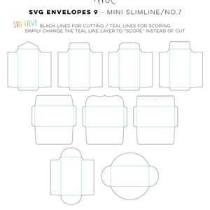 May include: Nine different envelope designs for cutting and scoring. Black lines indicate cutting lines and teal lines indicate scoring lines. The text "SVG VIEW!" is in pink and the text "BLACK LINES FOR CUTTING / TEAL LINES FOR SCORING" is in black. The text "SIMPLY CHANGE THE TEAL LINE LAYER TO "SCORE" INSTEAD OF CUT" is in black. The text "MISSTIINA.COM" is in black. The text "ALSO INCLUDES AI + EPS + PNG" is in black. The text "MISSTIINA.ETSY.COM" is in black. The text "INSTA @MISSTIINA" is in black. The text "CU OK" is in black.