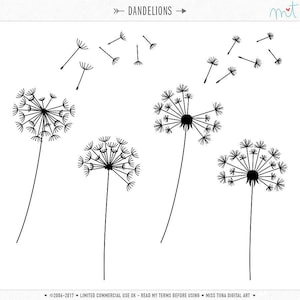Dandelions Digital Stamps Doodles Clipart Clip Art Ilustrações - download instantâneo - uso comercial limitado ok
