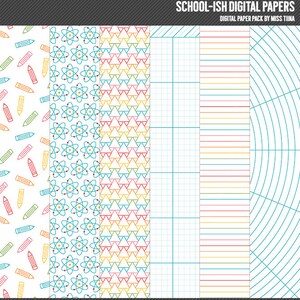 Puede incluir: Un paquete de papel digital con cinco patrones diferentes. Los patrones incluyen lápices, átomos, triángulos, papel cuadriculado y un patrón circular. El texto "SCHOOL-ISH DIGITAL PAPERS" está en la parte superior de la imagen. El texto "DIGITAL PAPER PACK BY MISS TIINA" está debajo del título. El texto ">>>> ORIGINAL 12X12 300PPI JPG BACKGROUNDS-LIMITED COMMERCIAL USE ©2006-2014 MISSTIINA.COM <<<<<<" está en la parte inferior de la imagen.