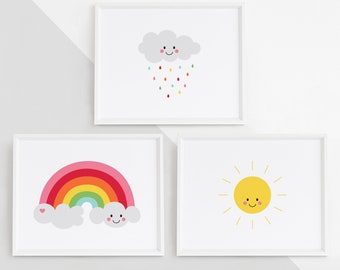 Cheeky Cloud Rainbow Sun 3pc DIY Digital Wall Art Prints Printables - baby kids nursery bedroom playroom decor PDF JPG 5 sizes + 3 colorways