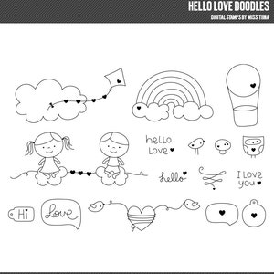 Hello Love Doodles Digital Stamps Clipart Clip Art Illustrations - instant download - limited commercial use ok
