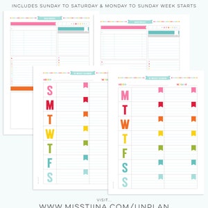 May include: A printable planner page with a weekly calendar and daily docket sections. The calendar features a colorful rainbow design with days of the week labeled S, M, T, W, T, F, S. The text "INCLUDES SUNDAY TO SATURDAY & MONDAY TO SUNDAY WEEK STARTS" is at the top of the page.