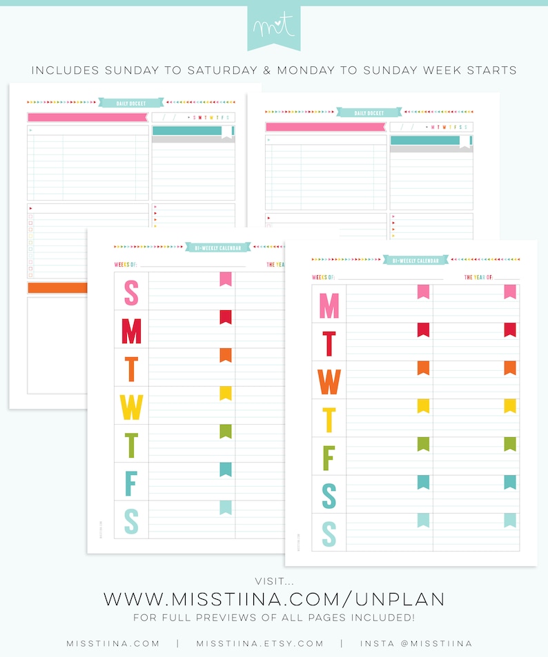 May include: A printable planner page with a weekly calendar and daily docket sections. The calendar features a colorful rainbow design with days of the week labeled S, M, T, W, T, F, S. The text "INCLUDES SUNDAY TO SATURDAY & MONDAY TO SUNDAY WEEK STARTS" is at the top of the page.