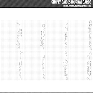 Peut inclure: Quatre cartes de journal imprimables avec une calligraphie manuscrite. Les cartes présentent les phrases "sweet as pie", "always you + me", "adventure love you forever", et "light of my life imagine".