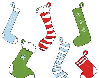 May include: Six Christmas stockings in various colors and patterns. The stockings are red and white striped, green with a star, blue and white striped, light blue, green with snowflakes, and red with white stripes.