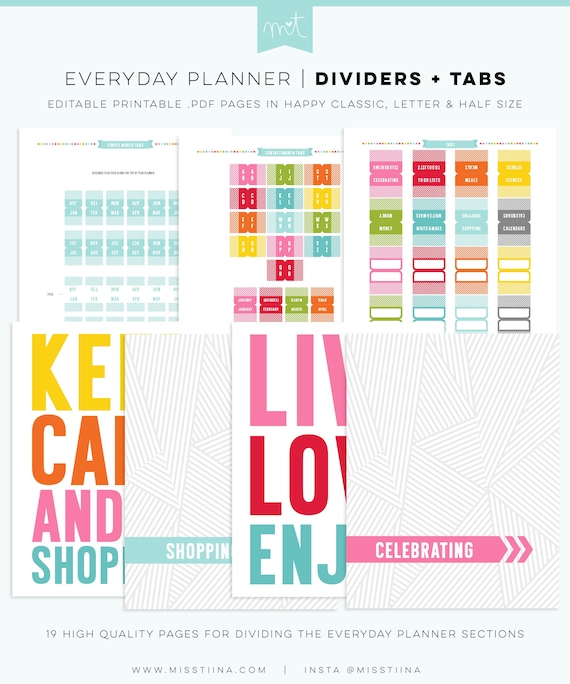 dividers tabs editable everyday planner pages happy classic etsy