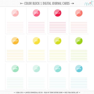 Cartões de diário digital em bloco de cores - cartões de anotações de diário imprimíveis inspirados na vida do projeto 3x4 - download instantâneo - CU OK