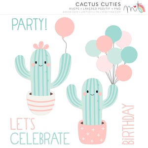 Cactus Cuties Digital Clipart Clip Art Ilustrações - uso comercial limitado ok - cactos em vasos, aniversário, gráficos de festa atrevidos fofos