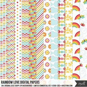 Papéis digitais Rainbow Love - 12 padrões para scrapbooking, cartões, convites, imprimíveis e muito mais - download instantâneo - CU OK
