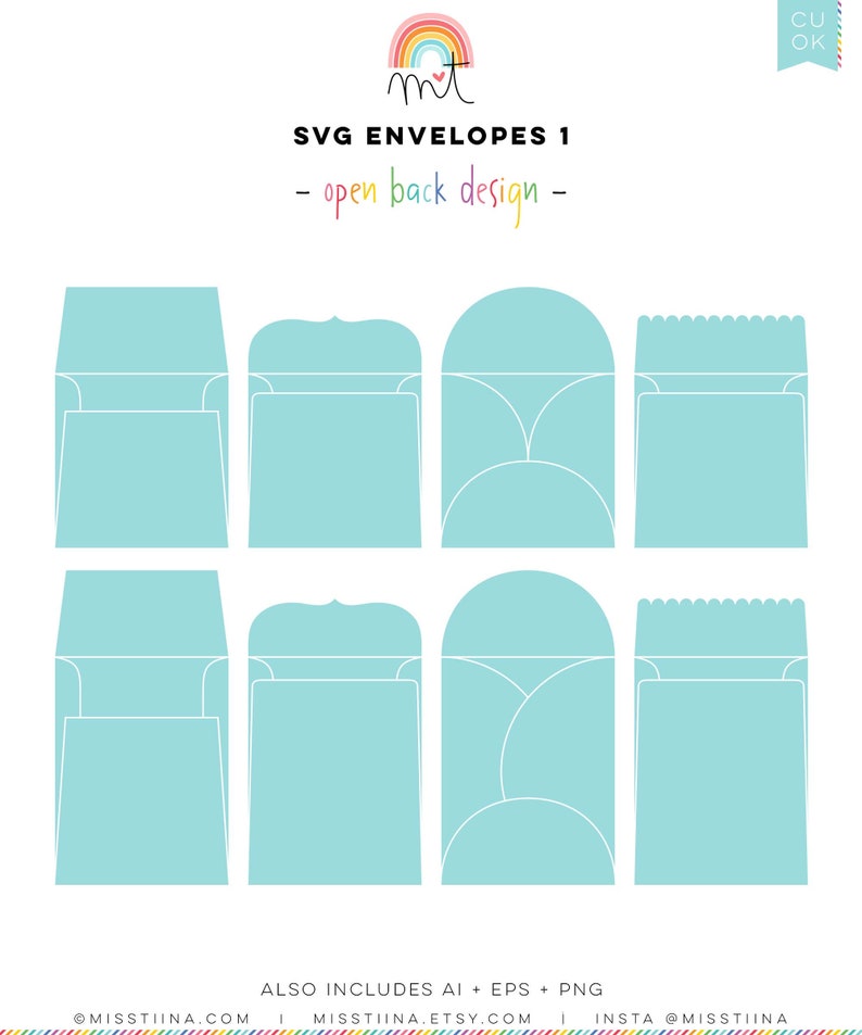 May include: A set of six SVG envelope designs with open backs. The envelopes are outlined in white and are on a light blue background. The text "SVG ENVELOPES 1 - open back design -" is at the top of the image.