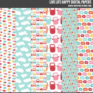 Papéis digitais Live Life Happy - 6 padrões para scrapbooking, cartões, convites, imprimíveis e muito mais - download instantâneo - CU OK