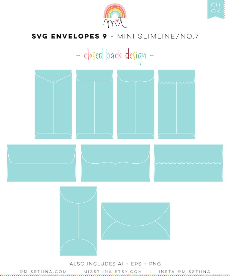 May include: Nine different SVG envelope designs with a closed back. The envelopes are all light blue with white outlines. The text "SVG ENVELOPES 9 - MINI SLIMLINE/NO.7" is at the top of the image. The text "closed back design" is below the title.