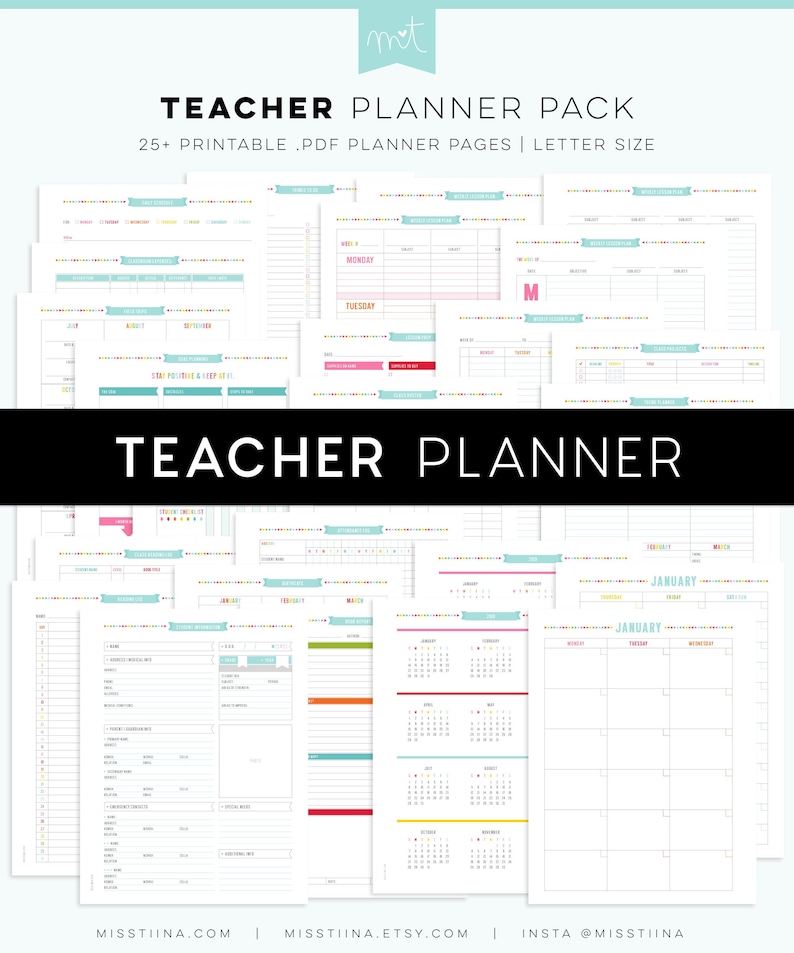 Teacher Planner DIGITAL PDF Printable Pages student info, goals, lesson plans, reading, grades, classroom, homeschooling FREE Font image 1