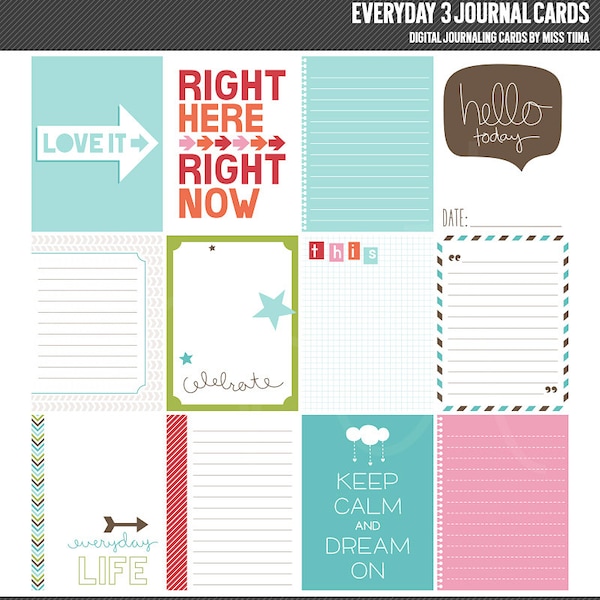 Everyday 3 Digital Journal Cards - 3x4 project life inspired printable scrapbooking journaling note cards  - instant download - CU OK