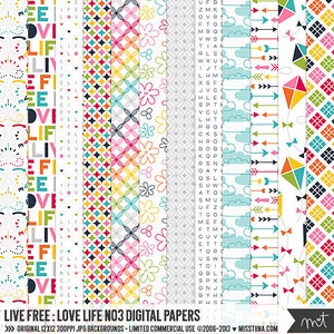 Live Free: Love Life No3 Digital Papers - 12 padrões para scrapbooking, cartões, convites, imprimíveis - CU OK