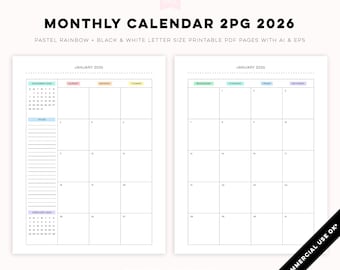 2026 Monthly 2PG - Minimal Pastel Rainbow + Black & White Digital PDF Printables | Customizable Templates for Personal + Commercial Use