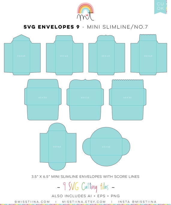 Envelopes 9 Mini Slimline SVG Digital Die Cutting files with liners + cards - templates card making wedding birthday invitations printables