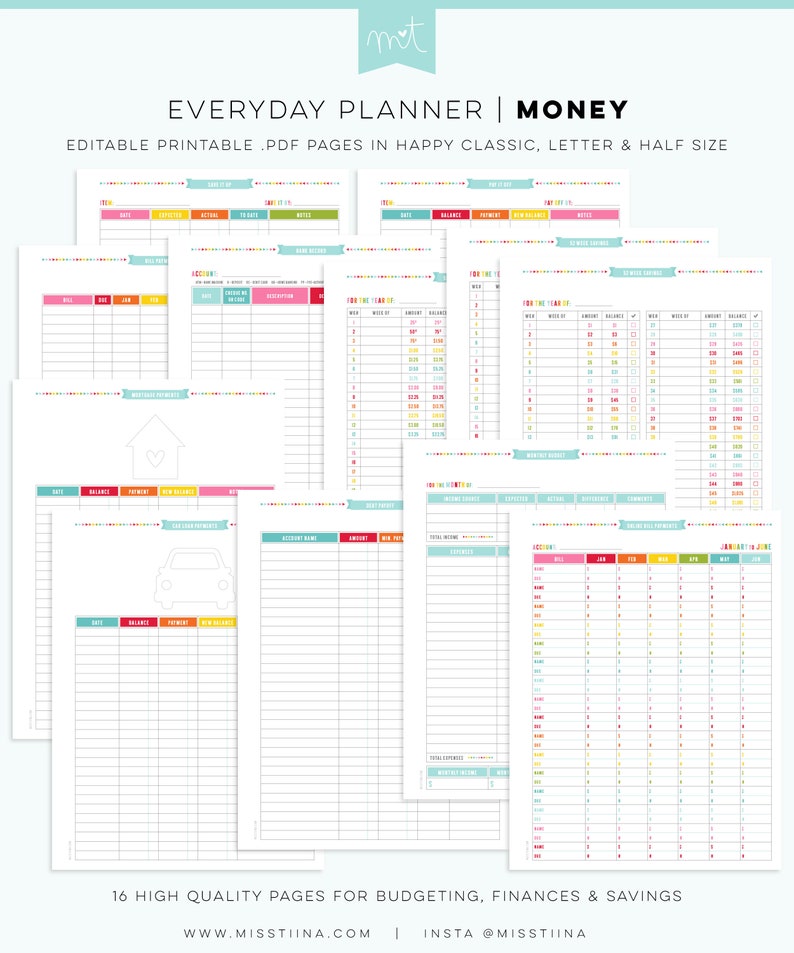 Puede incluir: Un conjunto de p&aacute;ginas PDF imprimibles para presupuestar, finanzas y ahorros. Las p&aacute;ginas est&aacute;n dise&ntilde;adas en un estilo colorido y alegre con una mezcla de rosa, amarillo, azul y verde. Las p&aacute;ginas incluyen secciones para realizar un seguimiento de los ingresos, los gastos, las metas de ahorro y m&aacute;s.