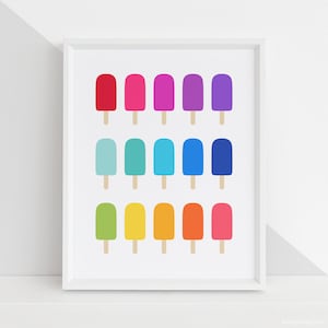 May include: A colorful rainbow of popsicles arranged in a grid pattern. The popsicles are all the same shape and size, but each one is a different color. The colors are red, pink, magenta, purple, blue, turquoise, green, yellow, orange, and red.