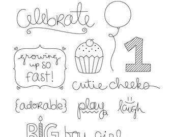 1st Birthday Doodles Digital Stamps Clipart Clip Art Illustrations - instant download - limited commercial use ok