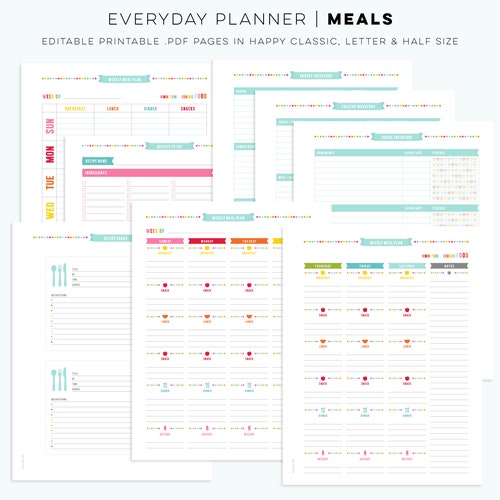 S3 • Meals EDITABLE PDF Everyday Planner Printables Happy Classic Letter Half Free Font