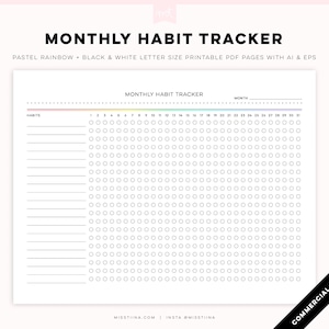 Könnte beinhalten: Ein druckbarer monatlicher Gewohnheits-Tracker mit einem pastellfarbenen Regenbogen-Farbschema. Der Tracker hat ein Raster mit Kreisen für jeden Tag des Monats, mit Zeilen zum Auflisten von Gewohnheiten. Der Text "MONTHLY HABIT TRACKER" befindet sich oben auf der Seite.