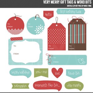 May include: A set of 12 digital printable gift tags and word bits in red, brown, green, blue, and white. The tags feature various holiday-themed designs, including snowflakes, polka dots, stripes, and a bird. The word bits include phrases like "happy holidays", "you + me", "love", "love this", "memories", "moments like this", and "very merry".