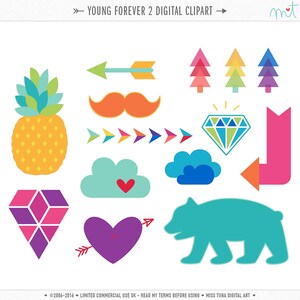May include: A collection of colorful digital clipart elements, including a pineapple, arrow, mustache, trees, diamond, cloud, bear, heart with arrow, and geometric shapes. The clipart is in a flat, cartoon style with bright colors.