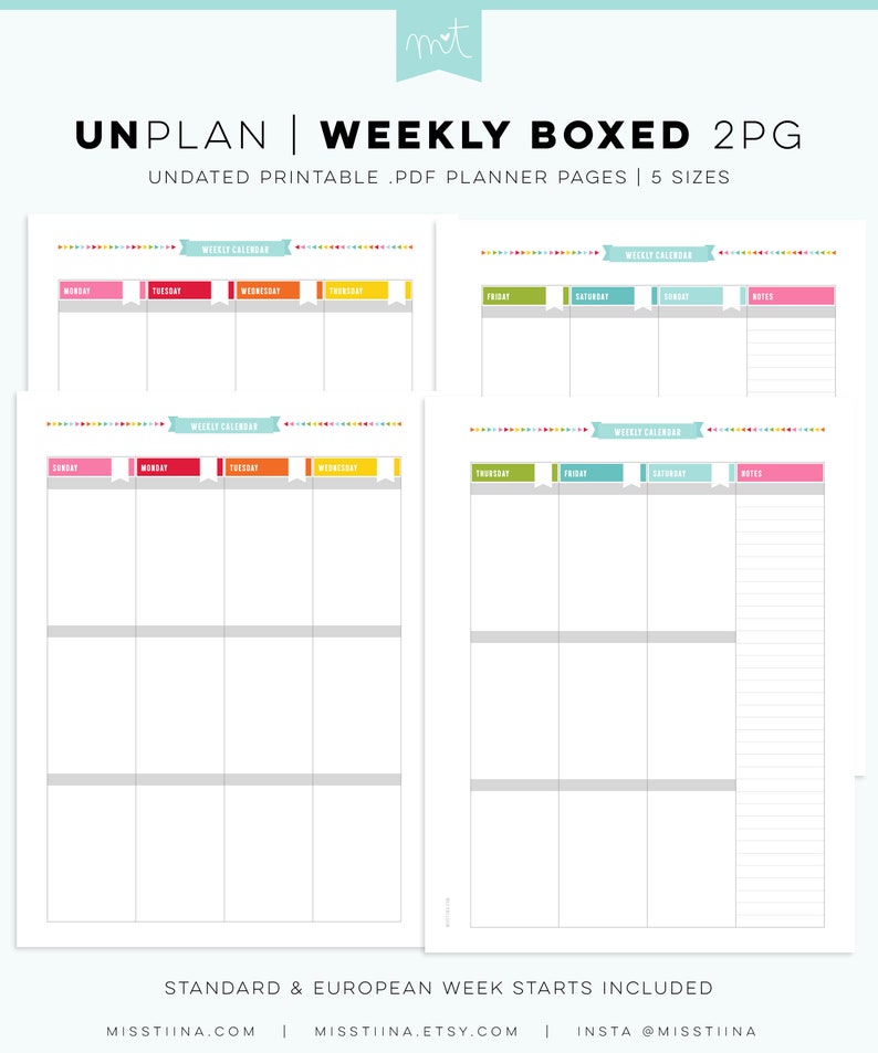 UNplan Weekly Boxed 2PG Undated Everyday Planner Page Printables PDF 5 Sizes digital calendars download colorful minimal fun organizing image 1