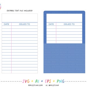 Bibliotheekkaart en Pocket SVG Digital Cut Files + Vectoren en Clipart Printables