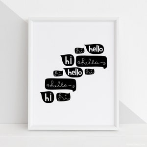 May include: Black and white printable wall art featuring a design of overlapping speech bubbles with the words "hi" and "hello" repeated in a playful pattern.