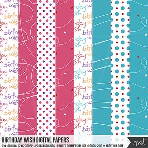Birthday Wish Digital Papers - 8 patterns for scrapbooking, cards, invitations, printables and more - instant download - CU OK