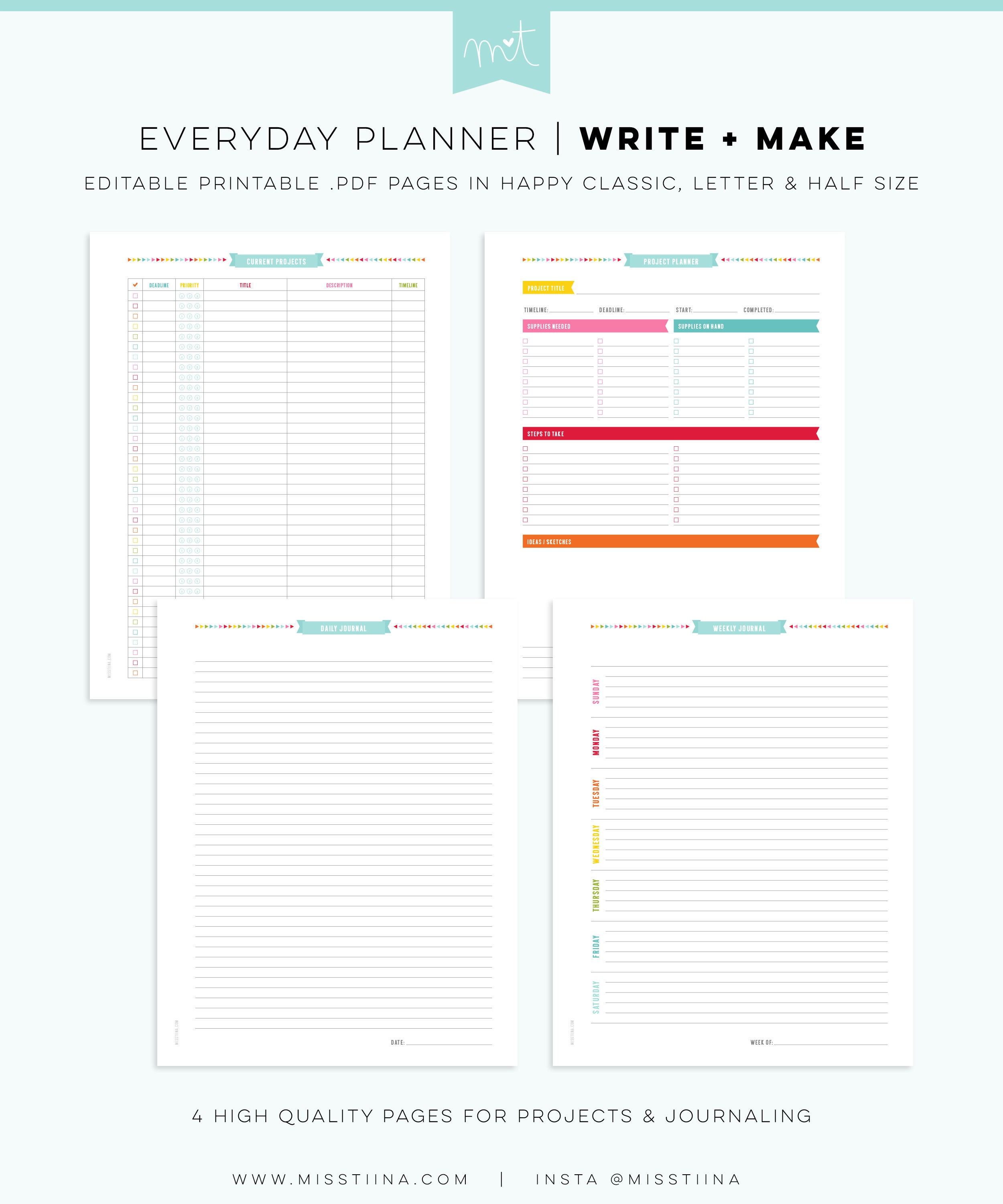 S6 • Write + Make EDITABLE PDF Everyday Planner Printables Happy Classic  Letter Half Free Font current project planning daily weekly journal