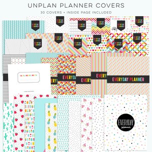 May include: A set of 30 colorful planner covers with various patterns, including geometric shapes, arrows, hearts, and polka dots. The covers feature the text "Everyday Planner" in black and white.