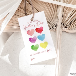 Paint Valentines Tag, Personalized Color Painted Heart Valentine's Day Card, Edit and Print School Class Exchange Canva Template