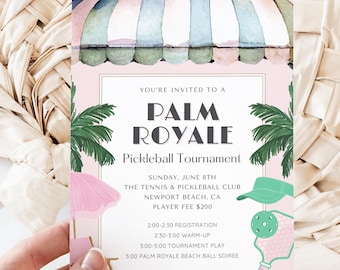 Pickleball Tournament Invitation, Palm Royale Pickleball Party, Beach ball birthday celebration, Digital Canva Invite Template