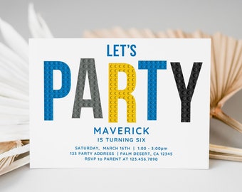 Invito alla festa in mattoni della polizia, modello Canva modificabile, invito in mattoni da costruzione della città della polizia in blu, giallo, nero e grigio, invito fotografico