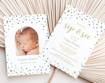 Baby Sip and See Invitation, Blue Sip n See Invite, Editable Canva Template, DIY Printable and Digital Download, Welcome Baby Shower