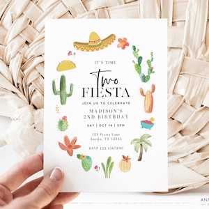 Time Two Fiesta Invitation, Taco Fiesta 2nd Birthday Invite, Cactus Sombrero Editable Canva Template, Printable Instant Digital Download