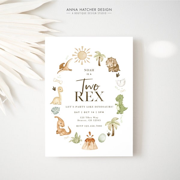 Dinosaur 2nd Birthday Invitation, Two Rex Birthday Party Invite, T-Rex Dino Editable Canva Template, Printable Instant Digital Download