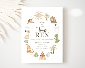 Dinosaur 2nd Birthday Invitation, Two Rex Birthday Party Invite, T-Rex Dino Editable Canva Template, Printable Instant Digital Download