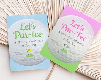 May include: Two golf-themed birthday party invitations featuring a golf ball graphic. The invitations are printed on light blue and pink cardstock with green accents. The text on the invitations reads "Let's Par-tee" and "Let's Par-Tee".