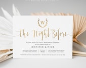 Wedding Rehearsal Dinner Invitation, The Night Before Invite, Personalized Gold Monogram Laurel Wreath, Editable Printable Canva Template