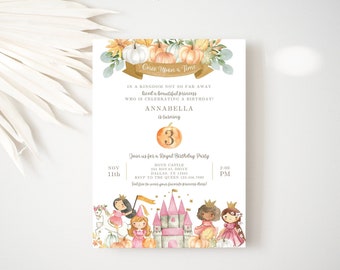 Fall Princess Birthday Party Invite, Pumpkin Princesses Invitation, Once Upon a Time, 2nd, 3rd, 4th, 5th All text editable Canva template
