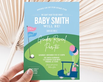 Golf Gender Reveal Par-tee Invitation, Diamonds or Drivers Gender Reveal Party, Pearls Putters, Pink Blue, Canva Template Digital Download